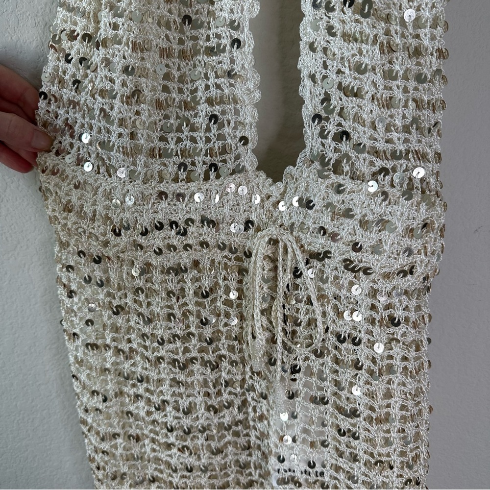 NWT Retrofête TOSCA SEQUIN CROCHET JUMPSUIT Ivory Gold SZ M/L - Picture 4 of 8